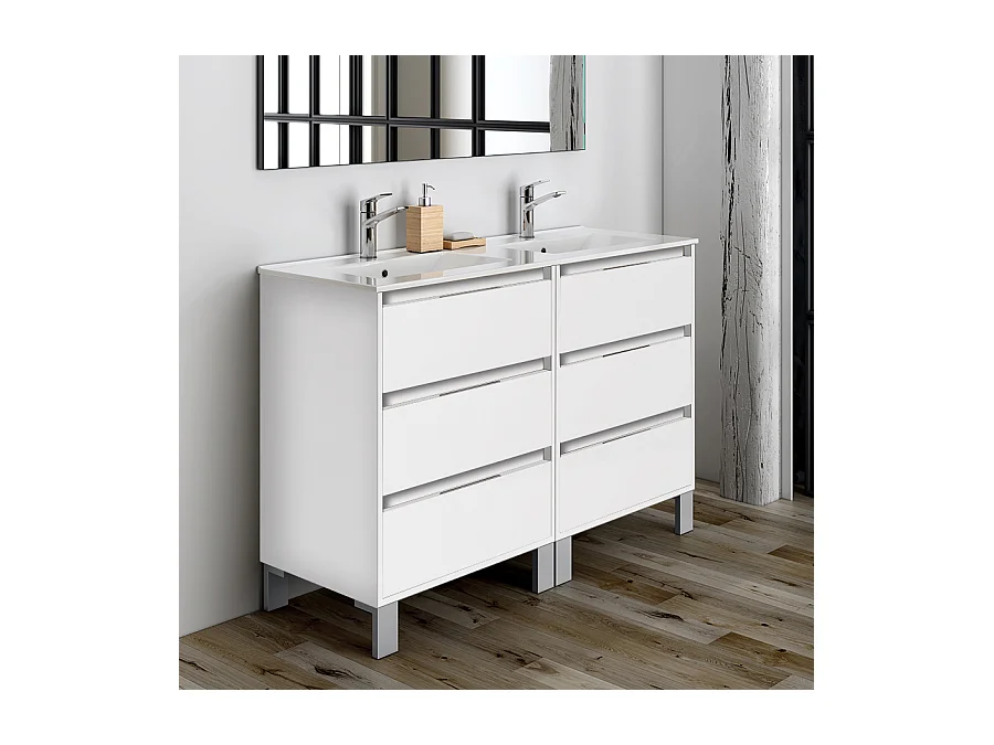 Meuble de salle de bain 120cm double vasque - 6 tiroirs - sans miroir - TIRIS 3C - blanc