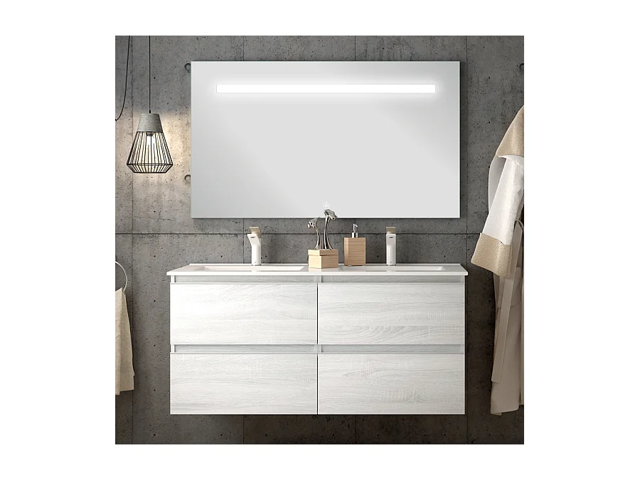 Meuble de salle de bain double vasque - 4 tiroirs - BALEA et miroir Led STAM - hibernian (bois blanchi) - 120cm