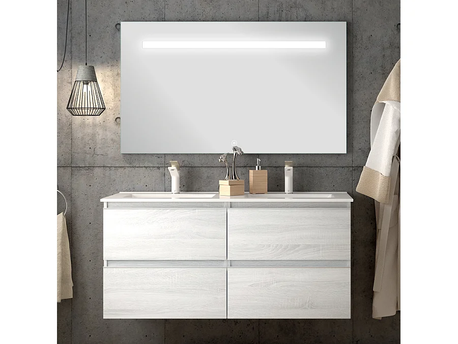 Meuble de salle de bain double vasque - 4 tiroirs - BALEA et miroir Led STAM - hibernian (bois blanchi) - 120cm
