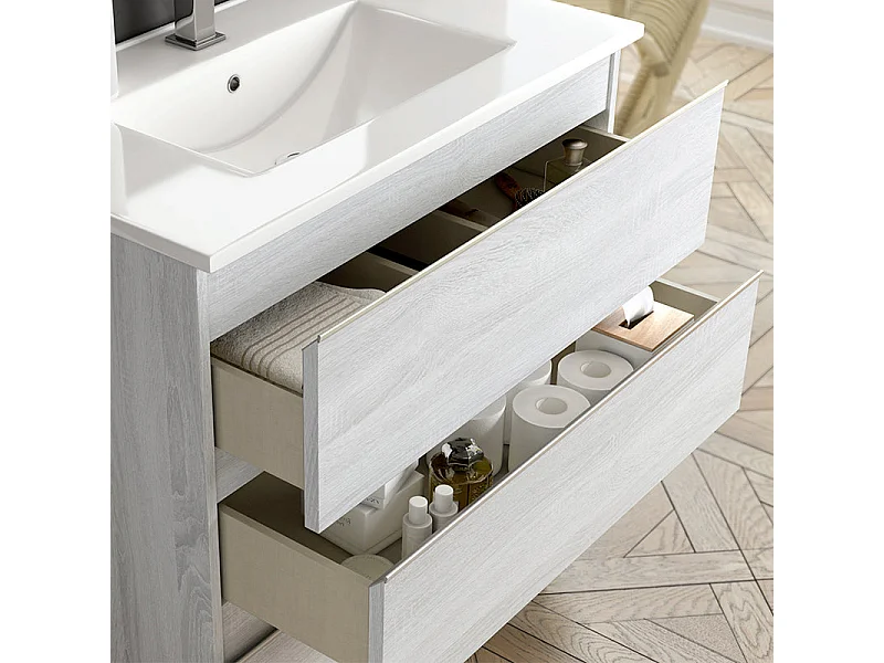Meuble de salle de bain double vasque - 4 tiroirs - BALEA et miroir Led STAM - hibernian (bois blanchi) - 120cm