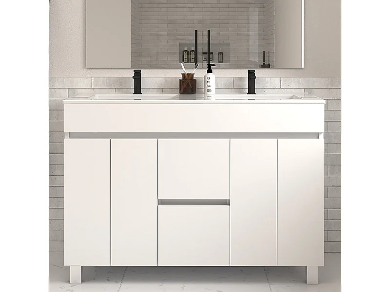 Meuble de salle de bain 120cm double vasque sans miroir sur pieds avec portes et tiroirs - blanc - HARO
