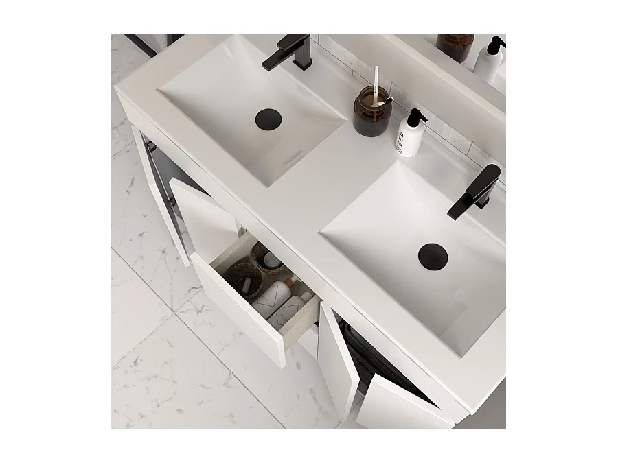 Meuble de salle de bain 120cm double vasque sans miroir sur pieds avec portes et tiroirs - blanc - HARO