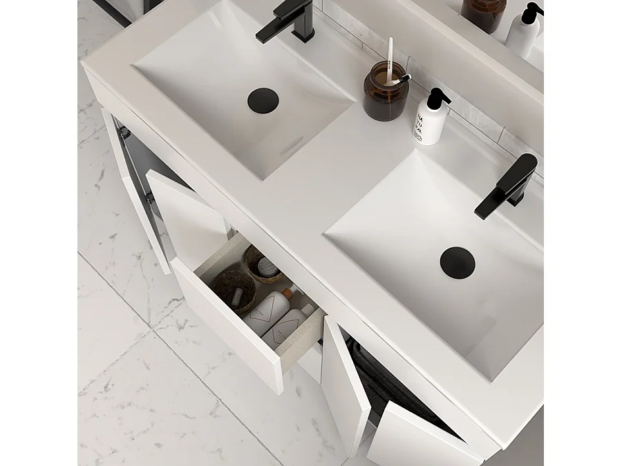 Meuble de salle de bain 120cm double vasque sans miroir sur pieds avec portes et tiroirs - blanc - HARO