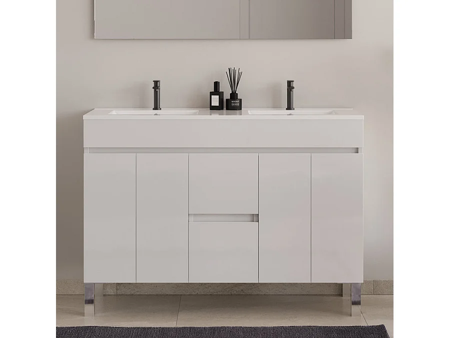Meuble de salle de bain 120cm double vasque sans miroir sur pieds avec portes et tiroirs - blanc - HARO