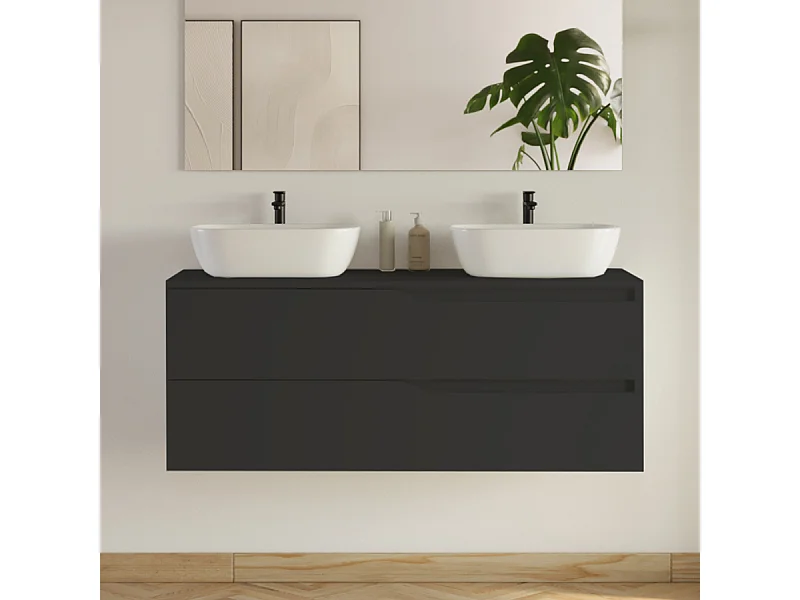 Meuble de salle de bain 120cm avec plateau et 2 vasques à poser Zeus - 2 tiroirs - sans miroir - noir - LUNA
