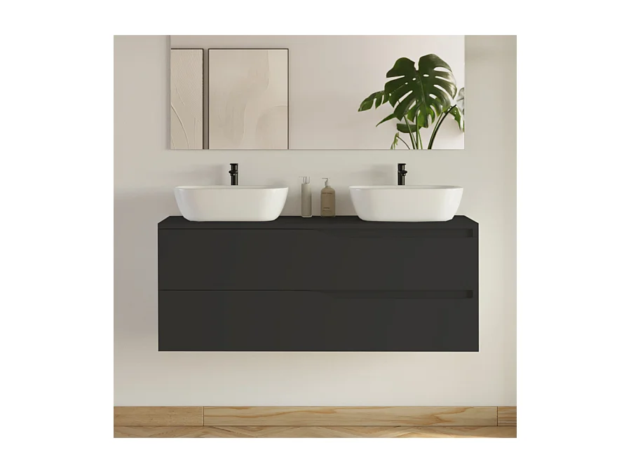 Meuble de salle de bain 120cm avec plateau et 2 vasques à poser Zeus - 2 tiroirs - sans miroir - noir - LUNA