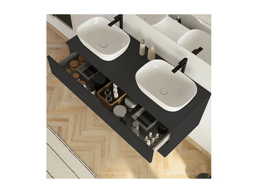 Meuble de salle de bain 120cm avec plateau et 2 vasques à poser Zeus - 2 tiroirs - sans miroir - noir - LUNA