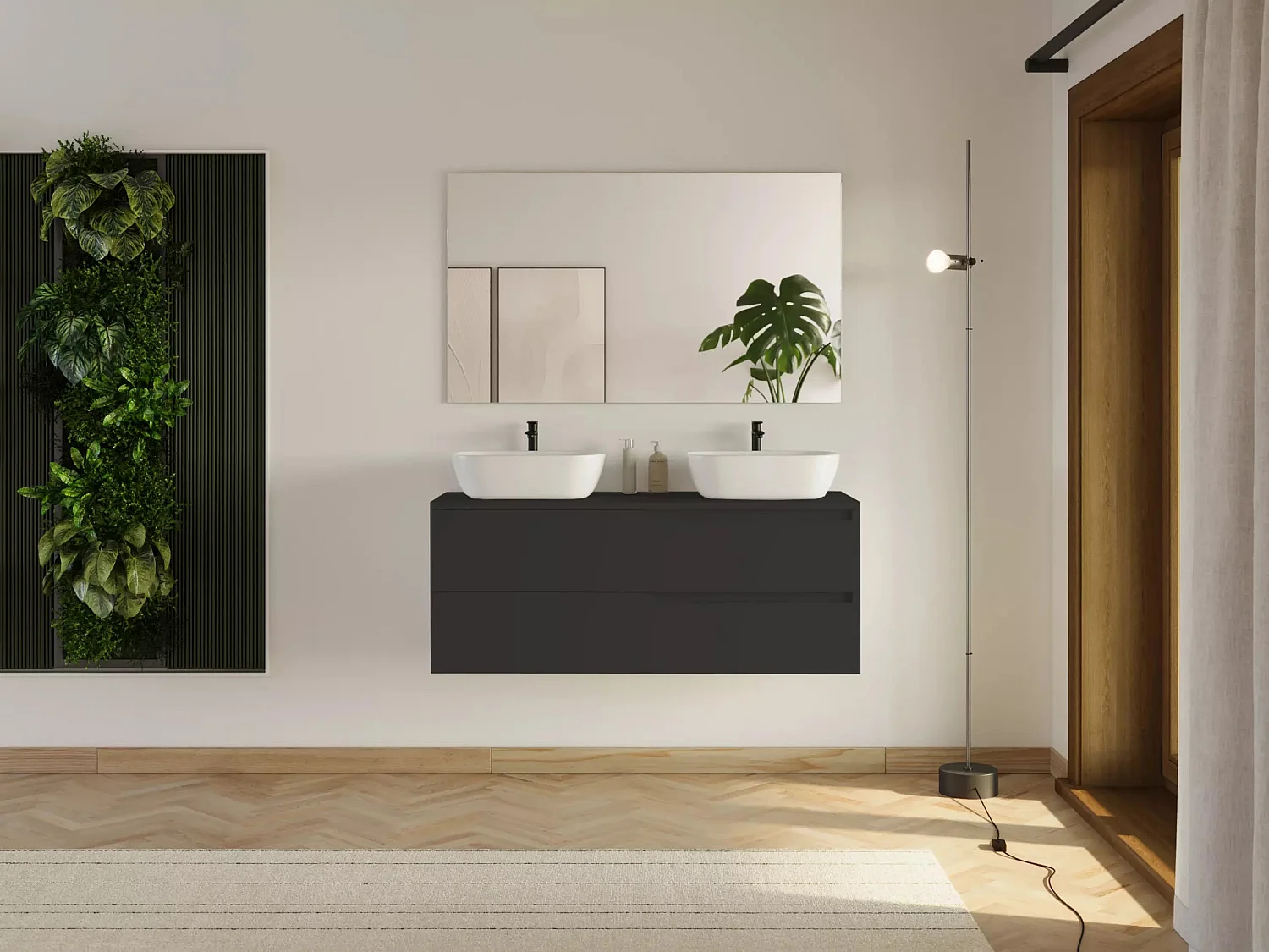 Meuble de salle de bain 120cm avec plateau et 2 vasques à poser Zeus - 2 tiroirs - sans miroir - noir - LUNA
