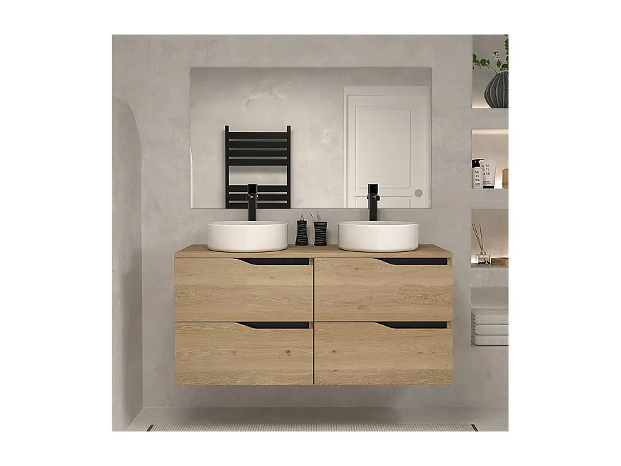 Meuble de salle de bain 120 avec plateau et 2 vasques à poser - 4 tiroirs - madera miel (bois clair) - LUNA