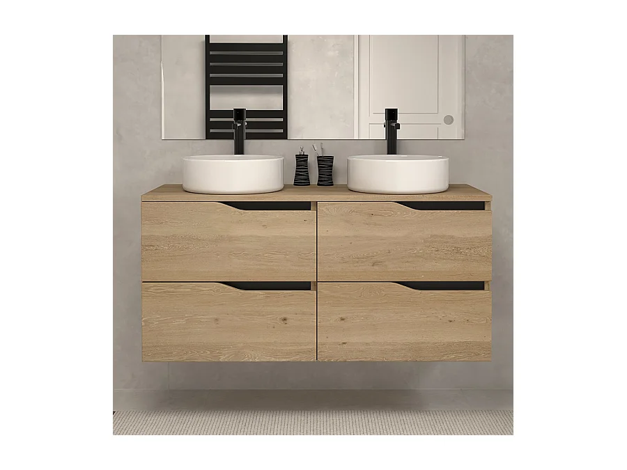 Meuble de salle de bain 120 avec plateau et 2 vasques à poser - 4 tiroirs - madera miel (bois clair) - LUNA