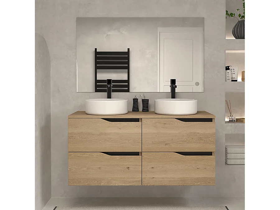 Meuble de salle de bain 120 avec plateau et 2 vasques à poser - 4 tiroirs - madera miel (bois clair) - LUNA