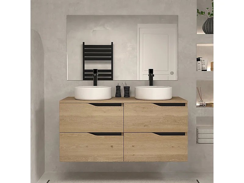 Meuble de salle de bain 120 avec plateau et 2 vasques à poser - 4 tiroirs - madera miel (bois clair) - LUNA