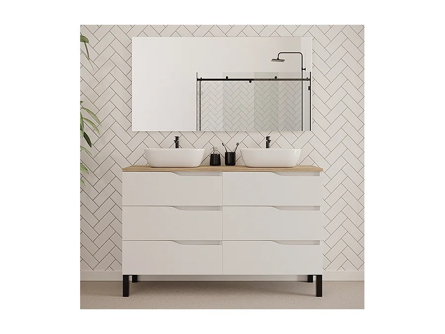 Meuble de salle de bain 120cm avec plateau miel et deux vasques à poser zeus - 6 tiroirs - blanc - MATA
