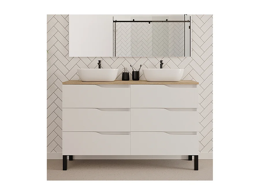 Meuble de salle de bain 120cm avec plateau miel et deux vasques à poser zeus - 6 tiroirs - blanc - MATA