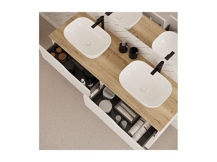Meuble de salle de bain 120cm avec plateau miel et deux vasques à poser zeus - 6 tiroirs - blanc - MATA