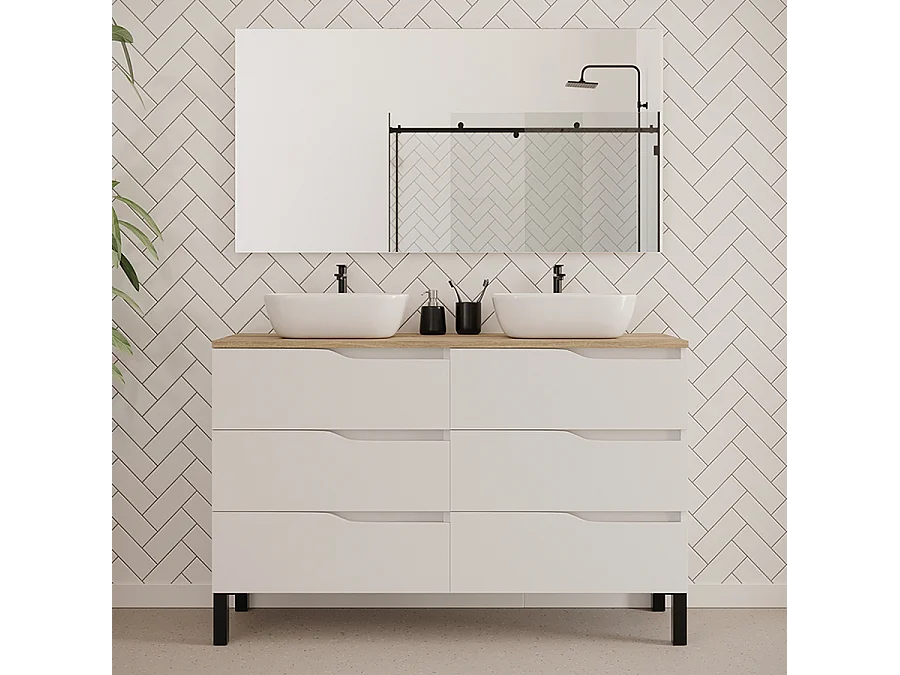 Meuble de salle de bain 120cm avec plateau miel et deux vasques à poser zeus - 6 tiroirs - blanc - MATA