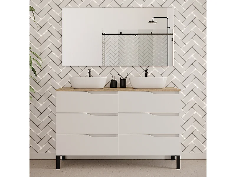 Meuble de salle de bain 120cm avec plateau miel et deux vasques à poser zeus - 6 tiroirs - blanc - MATA