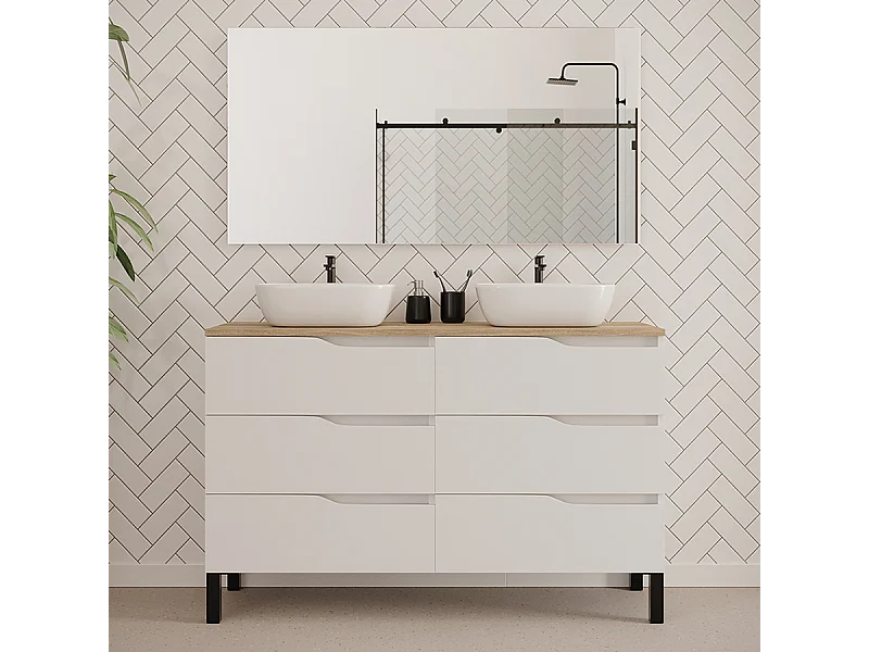 Meuble de salle de bain 120cm avec plateau miel et deux vasques à poser zeus - 6 tiroirs - blanc - MATA