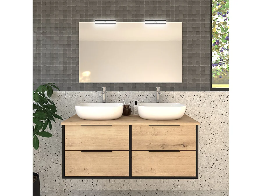 Meuble de salle de bain avec vasques à poser arrondies ALBA et miroir avec appliques - Noir - 120cm