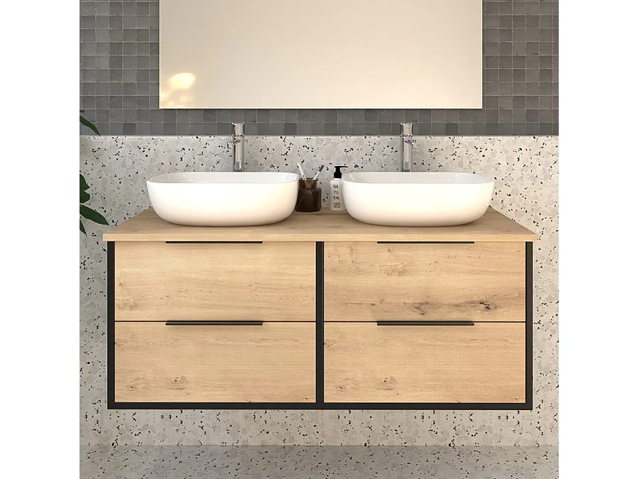Meuble de salle de bain avec vasques à poser arrondies ALBA et miroir avec appliques - Noir - 120cm