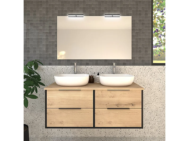 Meuble de salle de bain avec vasques à poser arrondies ALBA et miroir avec appliques - Noir - 120cm