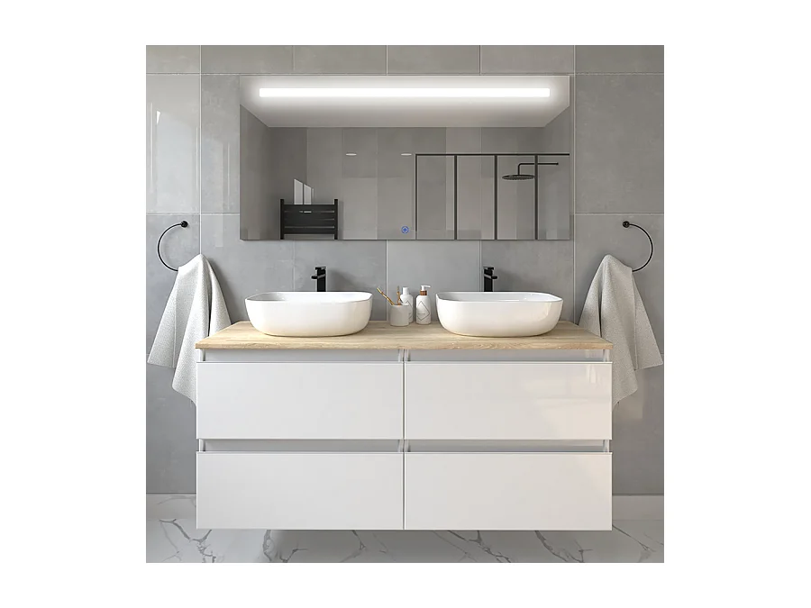 Meuble de salle de bain avec vasques à bords arrondies BALEA et miroir Led STAM - Blanc - 120cm
