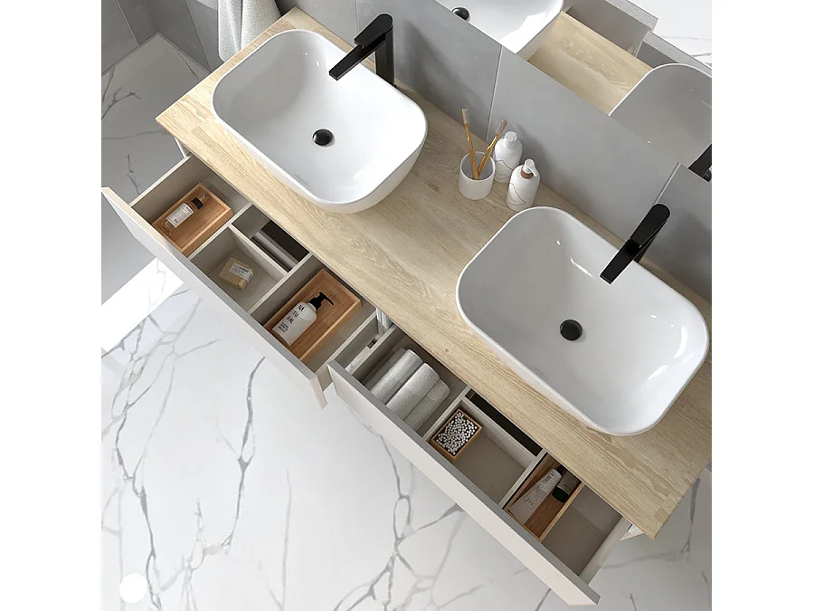 Meuble de salle de bain avec vasques à bords arrondies BALEA et miroir Led STAM - Blanc - 120cm