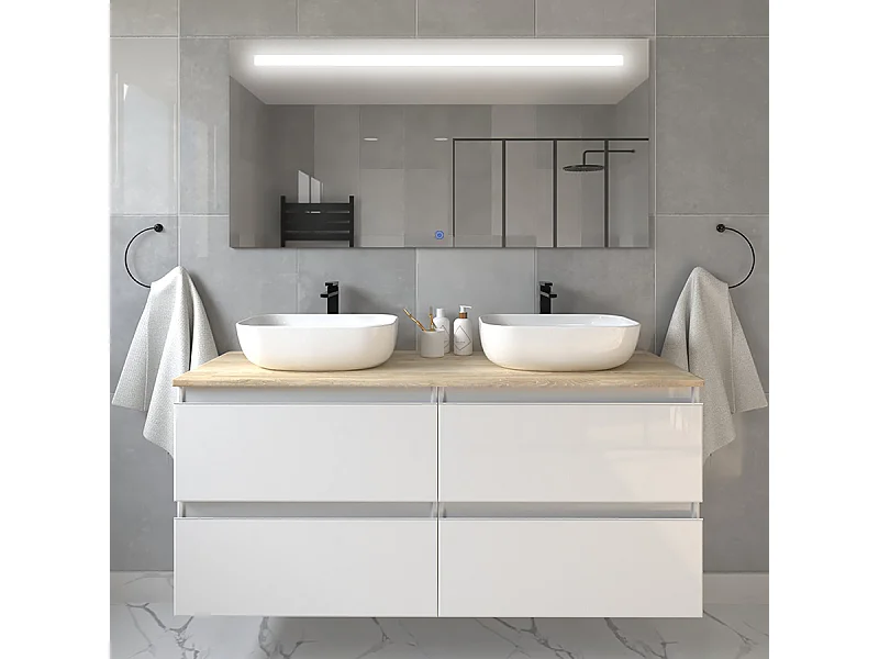 Meuble de salle de bain avec vasques à bords arrondies BALEA et miroir Led STAM - Blanc - 120cm
