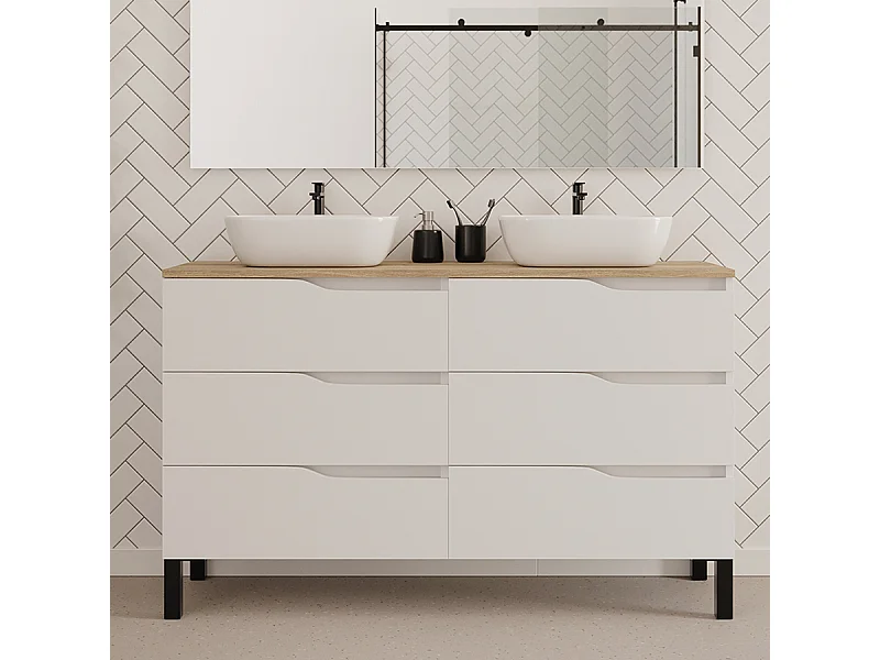 Meuble de salle de bain 140cm avec plateau miel et deux vasques à poser zeus - 6 tiroirs - sans miroir - blanc - MATA