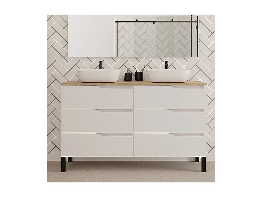 Meuble de salle de bain 140cm avec plateau miel et deux vasques à poser zeus - 6 tiroirs - sans miroir - blanc - MATA