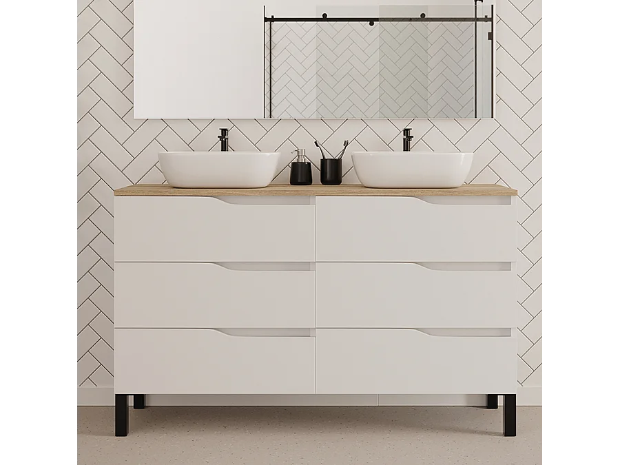 Meuble de salle de bain 140cm avec plateau miel et deux vasques à poser zeus - 6 tiroirs - sans miroir - blanc - MATA