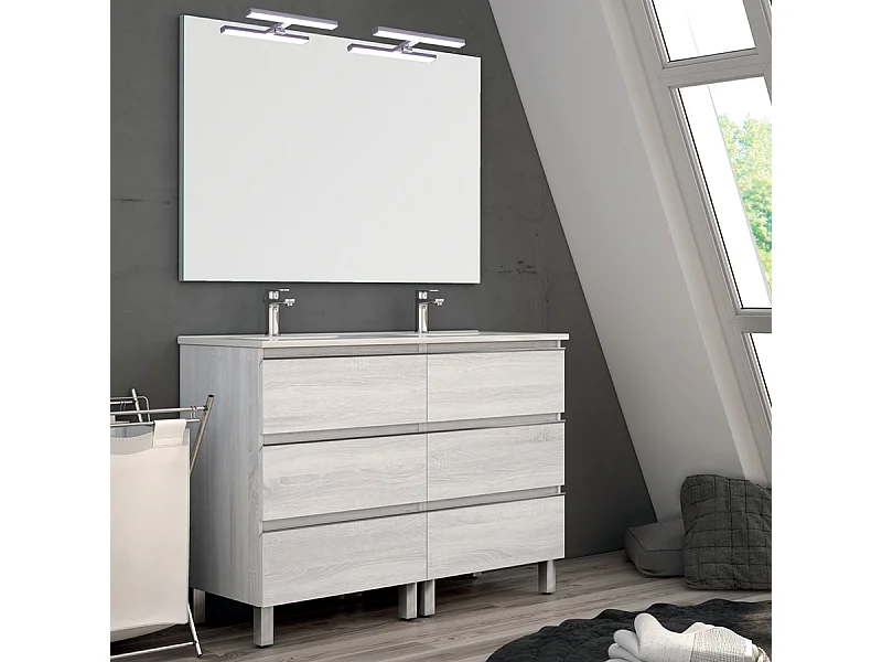 Meuble de salle de bain 120cm double vasque - 6 tiroirs - PALMA - hibernian (bois blanchi)
