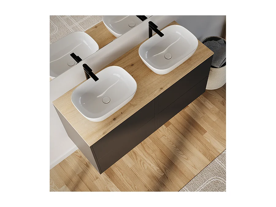 Meuble de salle de bain 120cm avec vasque à poser arrondie - 4 tiroirs - sans miroir - noir - MONA