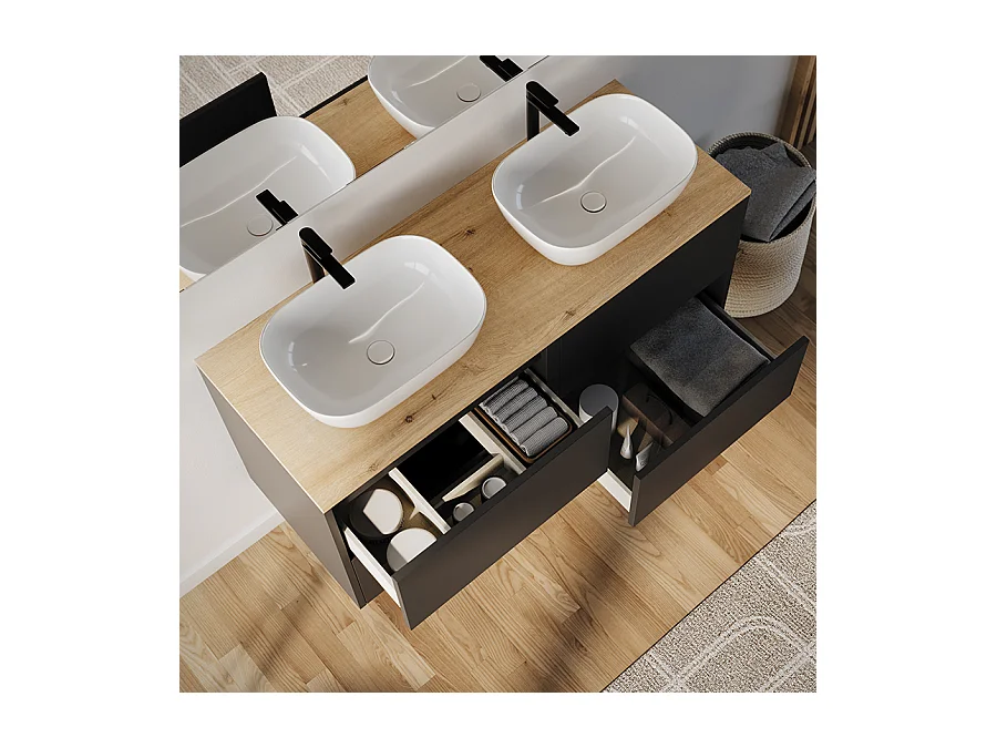 Meuble de salle de bain 120cm avec vasque à poser arrondie - 4 tiroirs - sans miroir - noir - MONA