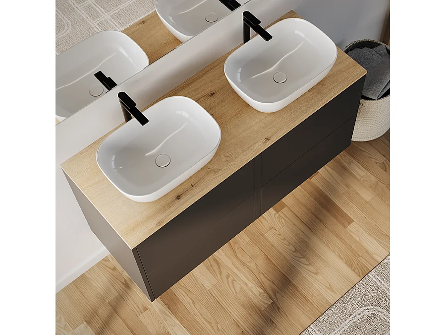 Meuble de salle de bain 120cm avec vasque à poser arrondie - 4 tiroirs - sans miroir - noir - MONA