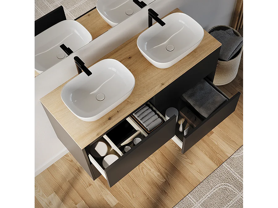 Meuble de salle de bain 120cm avec vasque à poser arrondie - 4 tiroirs - sans miroir - noir - MONA