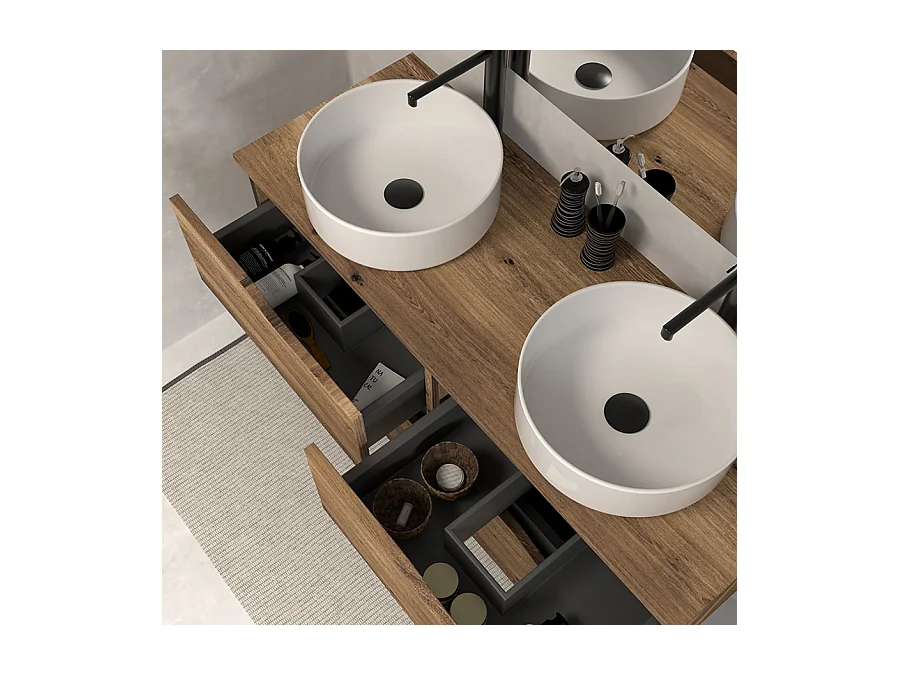 Meuble de salle de bain 120 avec plateau et 2 vasques à poser - sans miroir - 4 tiroirs - tabaco (bois foncé) - LUNA