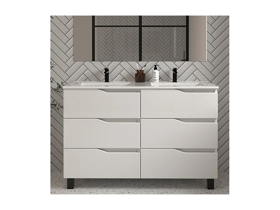 Meuble de salle de bain 140cm double vasque - 6 tiroirs - sans miroir - blanc - MATA