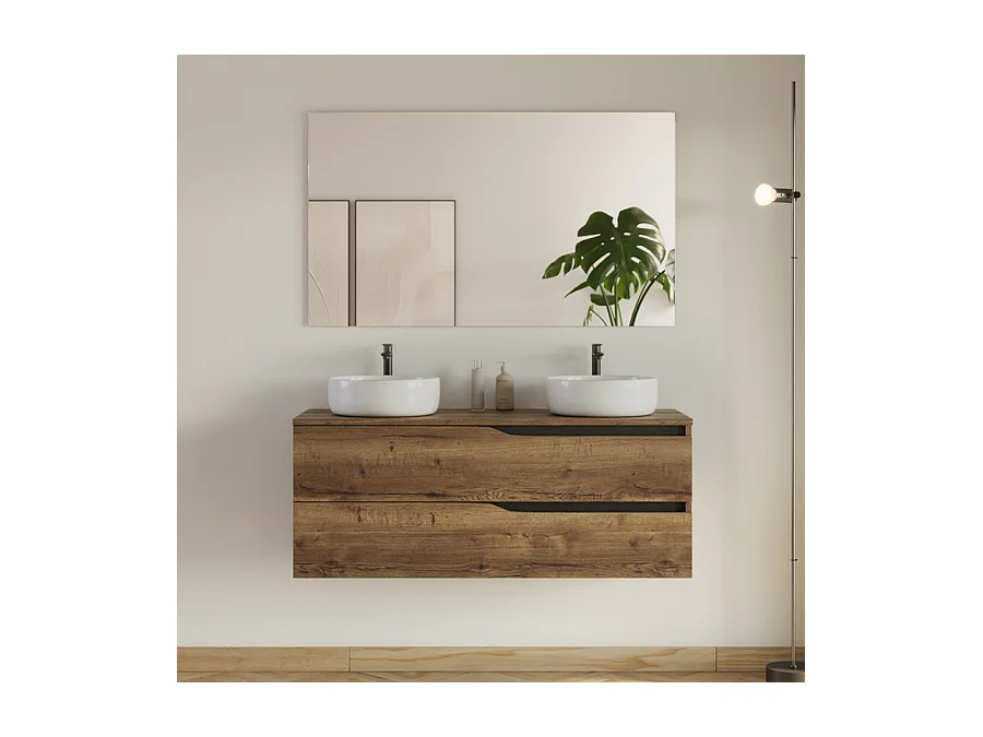 Meuble de salle de bain 120cm avec plateau et 2 vasques à poser Ares - 2 tiroirs - tabaco (chêne foncé) - LUNA