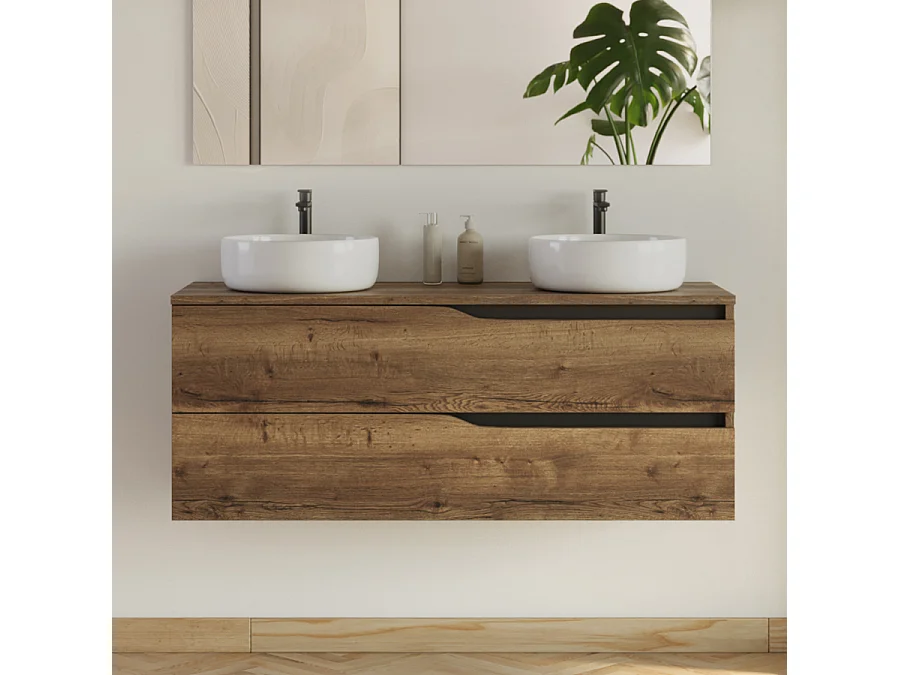 Meuble de salle de bain 120cm avec plateau et 2 vasques à poser Ares - 2 tiroirs - tabaco (chêne foncé) - LUNA