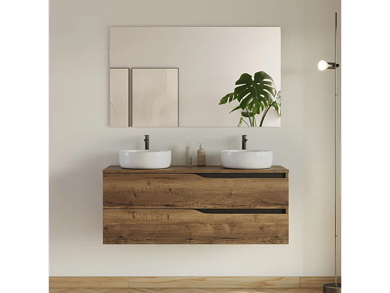 Meuble de salle de bain 120cm avec plateau et 2 vasques à poser Ares - 2 tiroirs - tabaco (chêne foncé) - LUNA