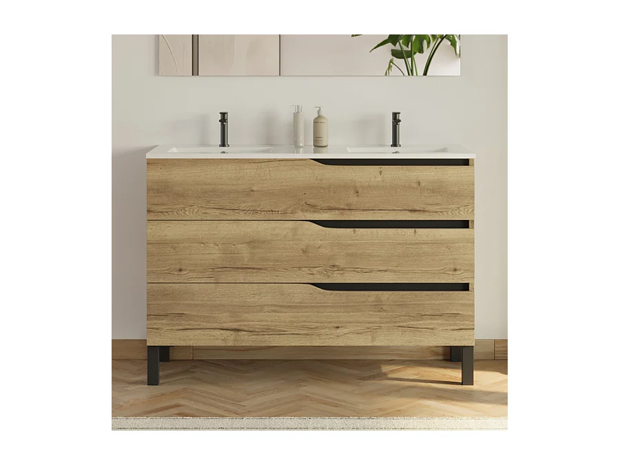 Meuble de salle de bain 120cm avec plan double vasque - 3 tiroirs - sans miroir - madera miel (bois clair) - MATA