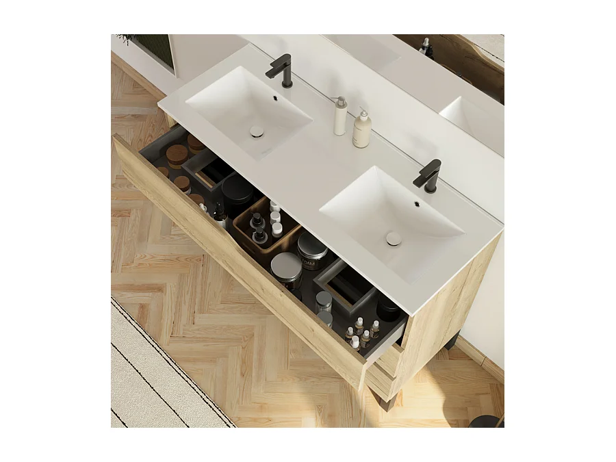 Meuble de salle de bain 120cm avec plan double vasque - 3 tiroirs - sans miroir - madera miel (bois clair) - MATA