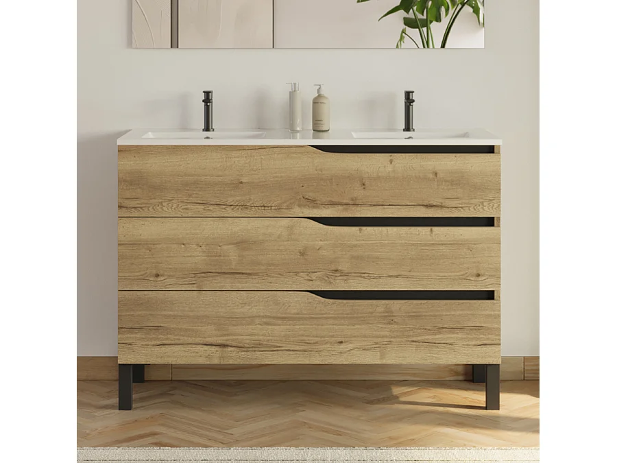 Meuble de salle de bain 120cm avec plan double vasque - 3 tiroirs - sans miroir - madera miel (bois clair) - MATA