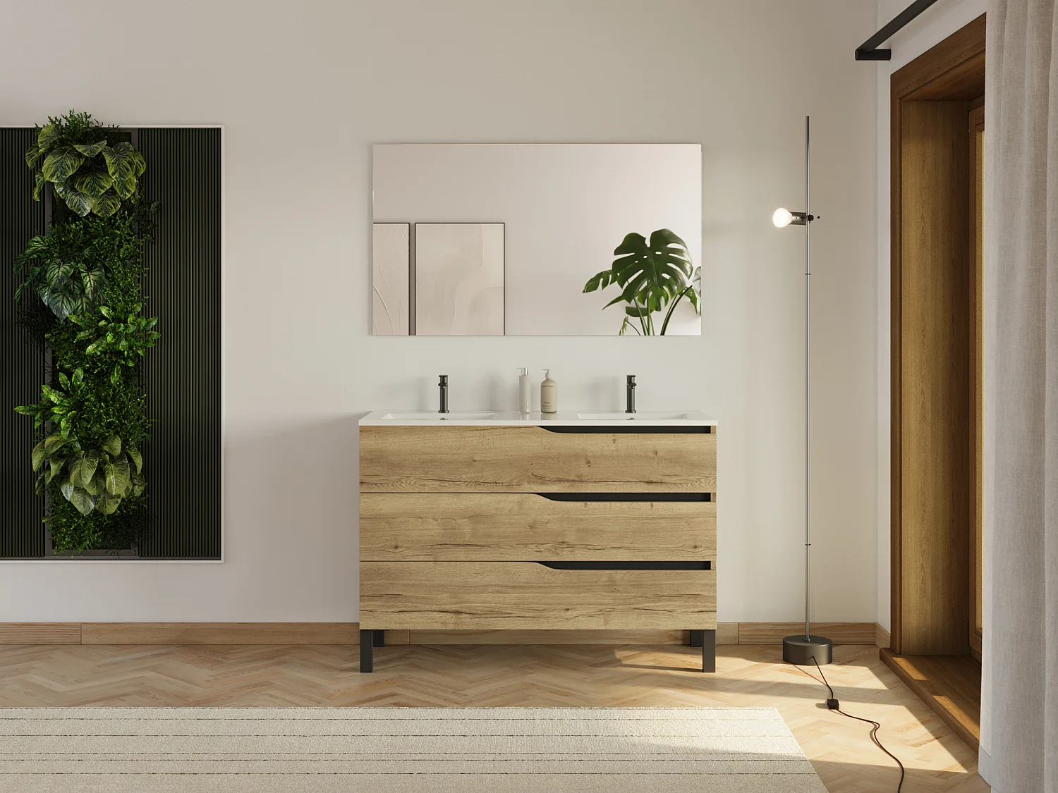 Meuble de salle de bain 120cm avec plan double vasque - 3 tiroirs - sans miroir - madera miel (bois clair) - MATA