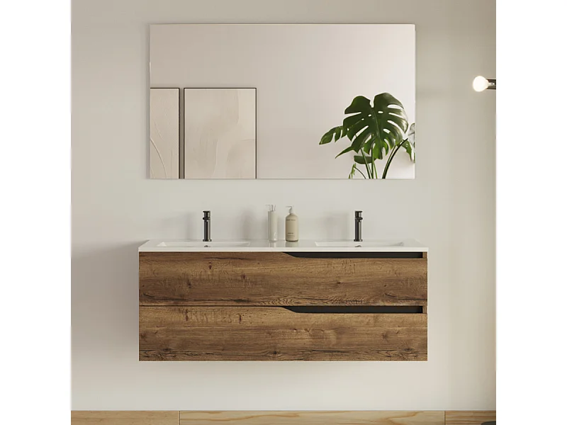 Meuble de salle de bain 120cm avec plan double vasque - 2 tiroirs - tabaco (chêne foncé) - LUNA