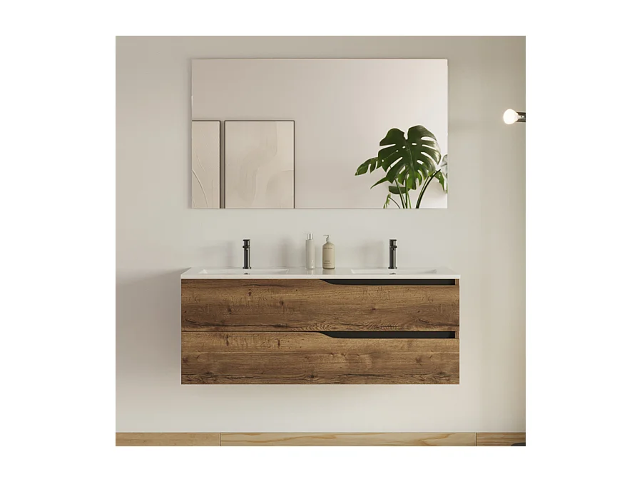 Meuble de salle de bain 120cm avec plan double vasque - 2 tiroirs - tabaco (chêne foncé) - LUNA