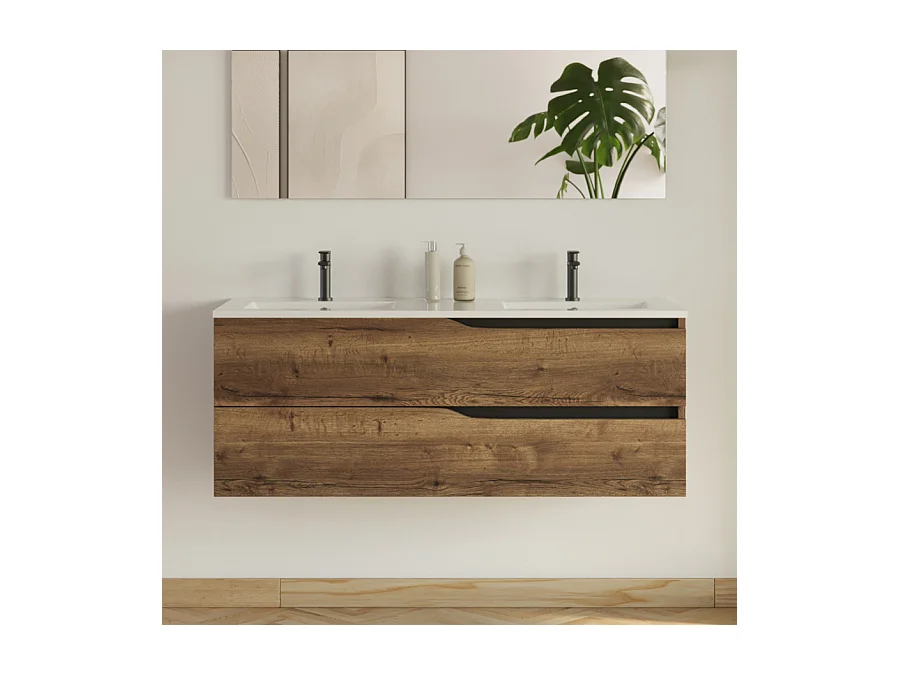 Meuble de salle de bain 120cm avec plan double vasque - 2 tiroirs - tabaco (chêne foncé) - LUNA