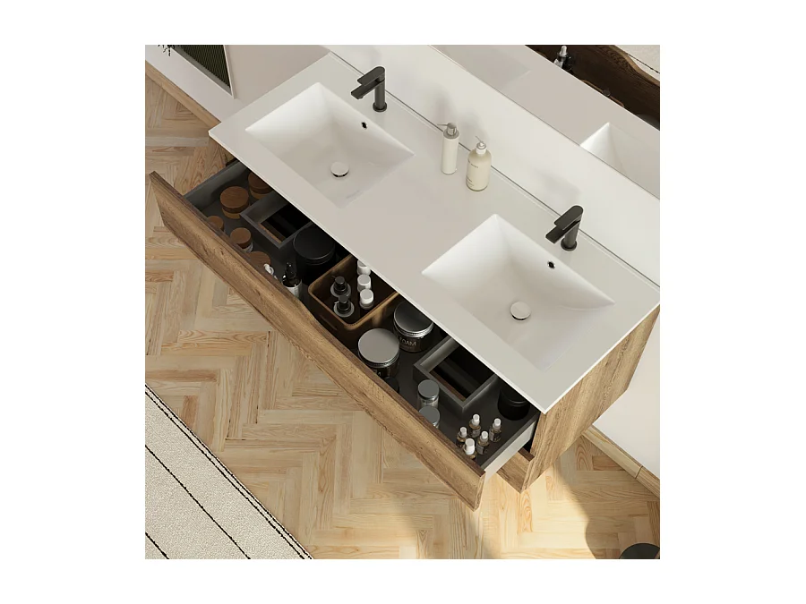 Meuble de salle de bain 120cm avec plan double vasque - 2 tiroirs - tabaco (chêne foncé) - LUNA