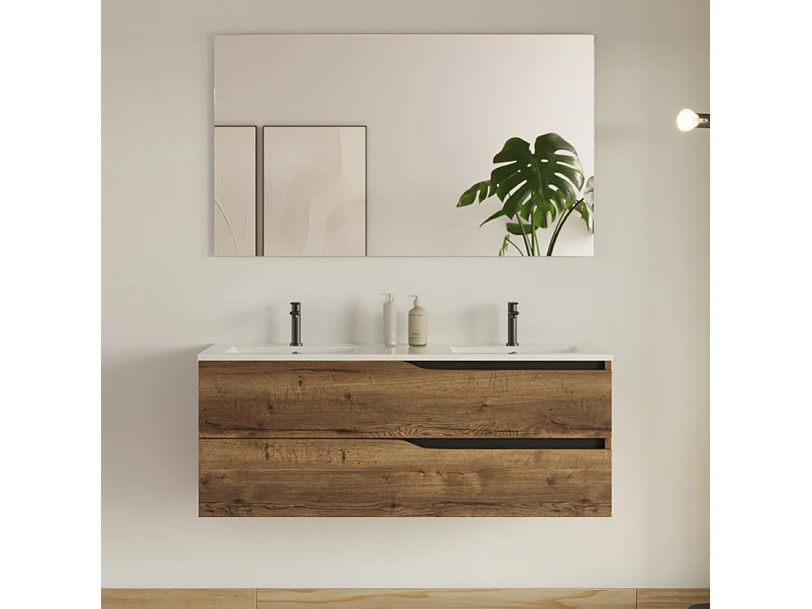 Meuble de salle de bain 120cm avec plan double vasque - 2 tiroirs - tabaco (chêne foncé) - LUNA